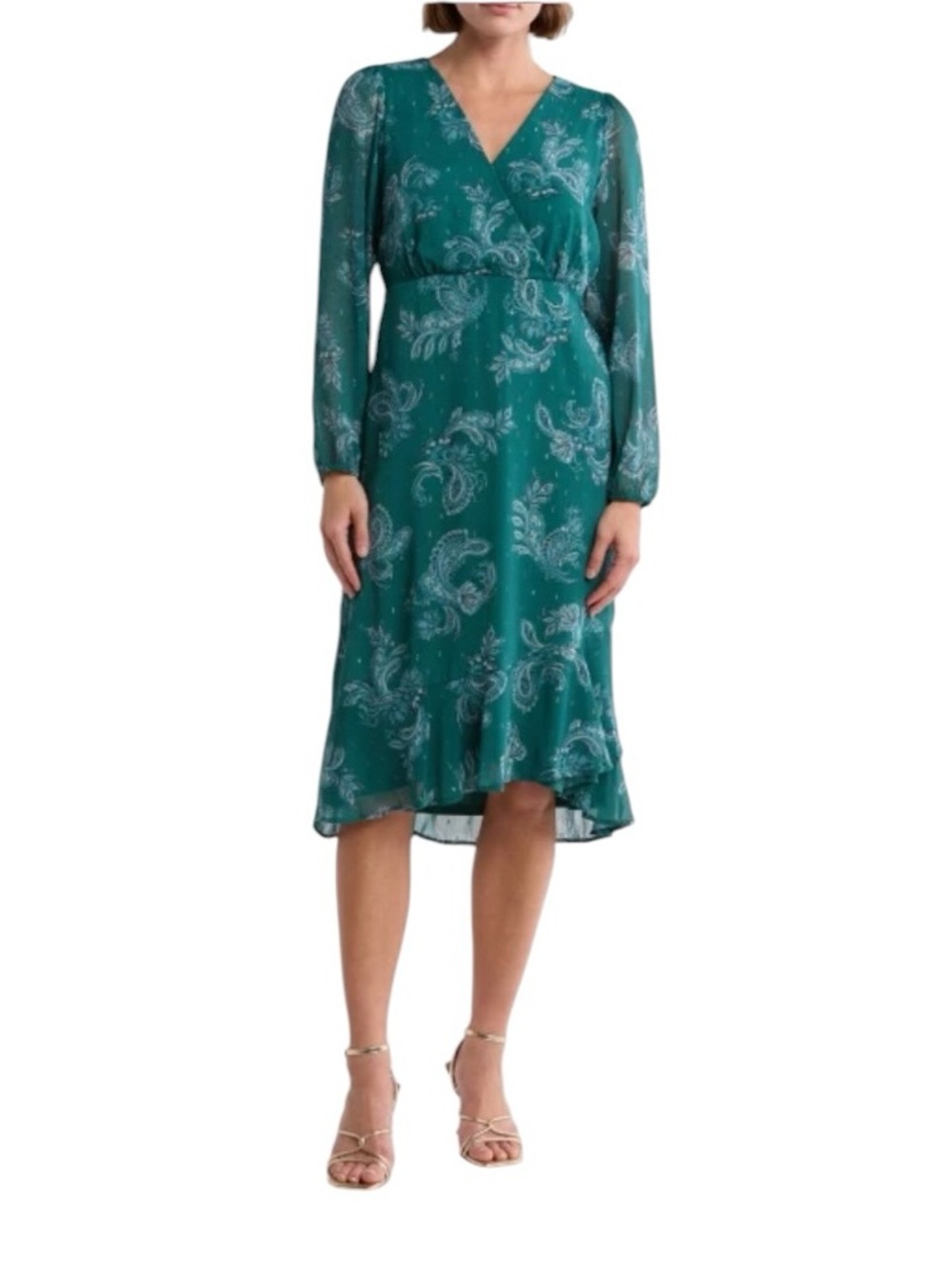 Lucky Brand - NWT Teal Paisley Chiffon Midi Dress Long Sleeve Metallic Sz M